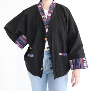 Vintage 90'S Bwana John's Black Aztec Elephant Cardigan 100% Cotton  M